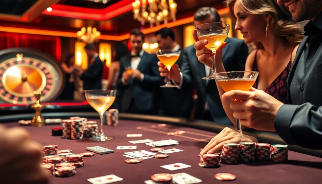 68VIP casino players enjoy a thrilling poker session at an elegant table, showcasing a dynamic gambling atmosphere.