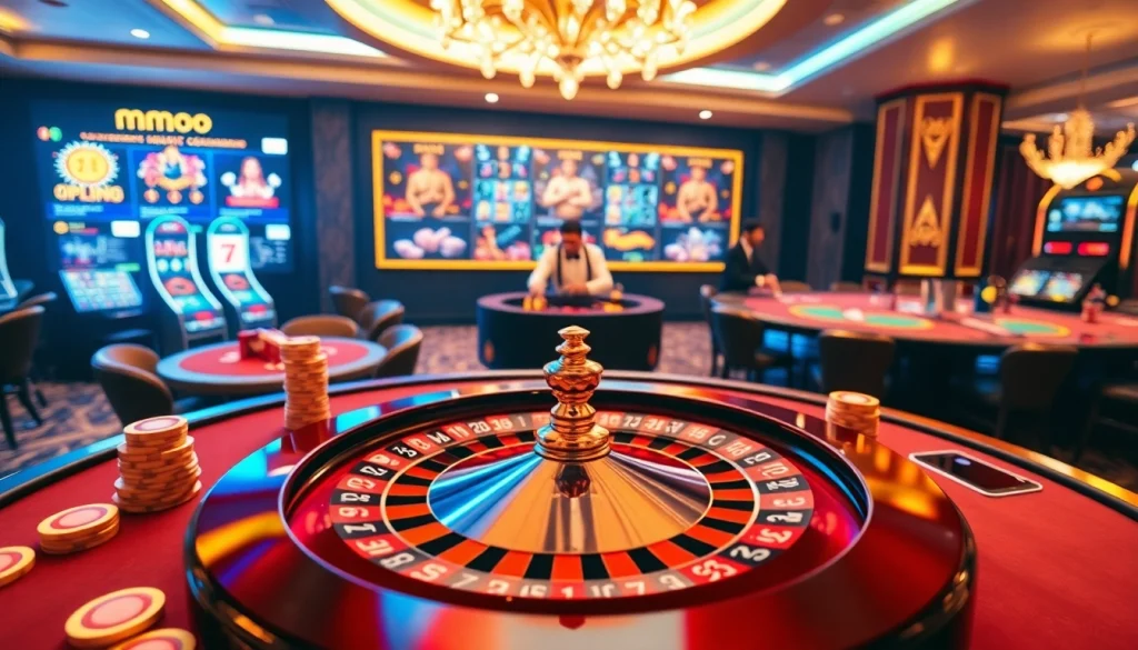 Exciting mmoo gambling scene with vibrant casino tables and online betting interfaces.