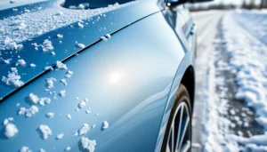Highlighting PPF winter road salt protection on a car amidst winter conditions.