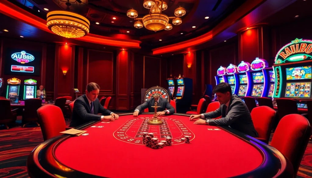 Engaged players enjoying high-stakes games at AU88 casino, embodying luxury and excitement.