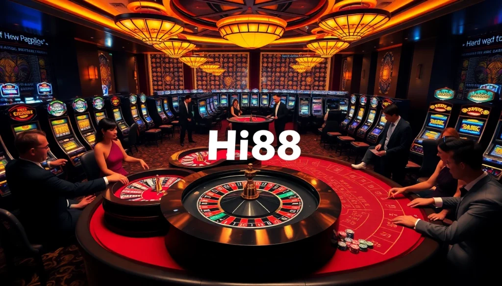 Players enjoy exciting games at Hi88 Casino, featuring roulette and vibrant slot machines.