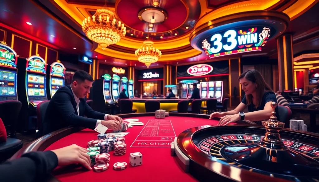 Excited players enjoying games at a luxurious 33win casino with vibrant tables and slot machines.