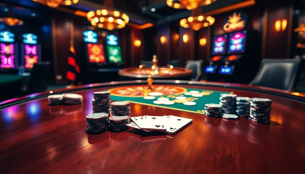 A sophisticated casino scene showcasing cm88.com with poker chips and cards, inviting experienced gamblers.