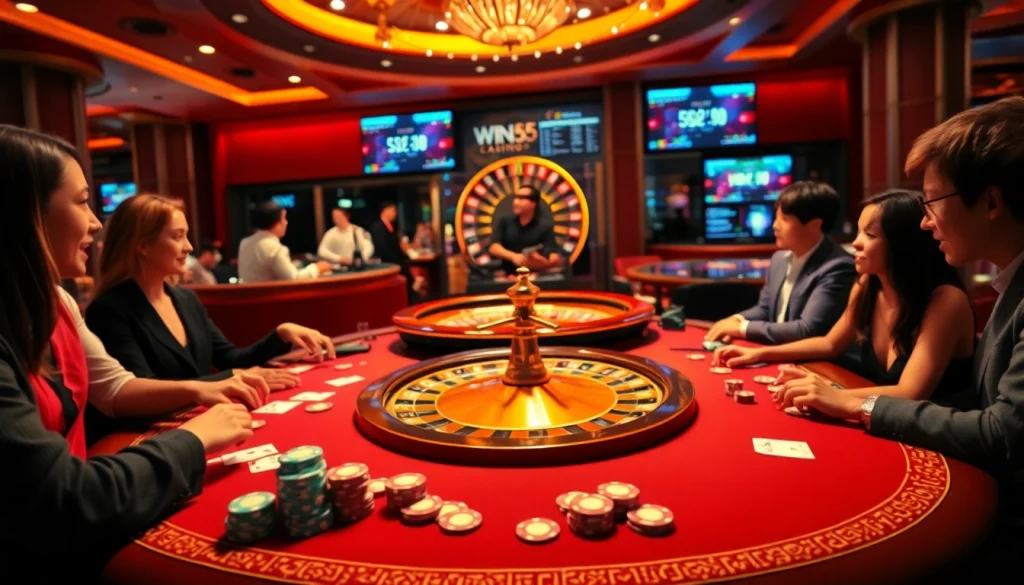 Players enjoying exciting games at Win55 Casino, with vibrant tables and thrilling roulette action.