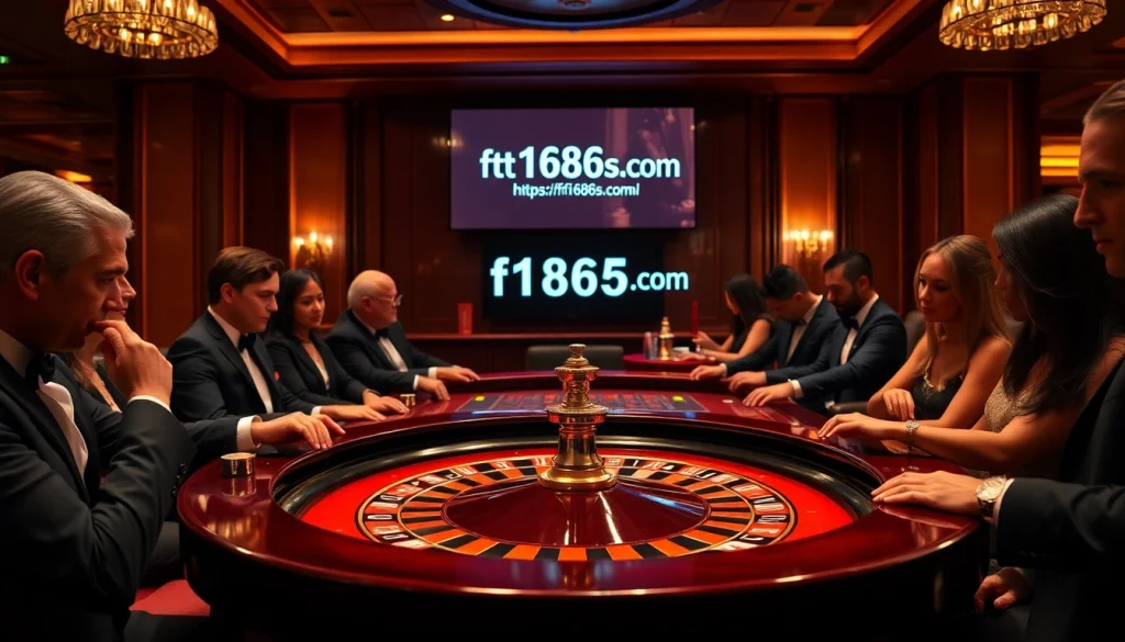 A thrilling moment at a roulette table, featuring engaging players and the website https://f1686s.com/ prominently displayed.