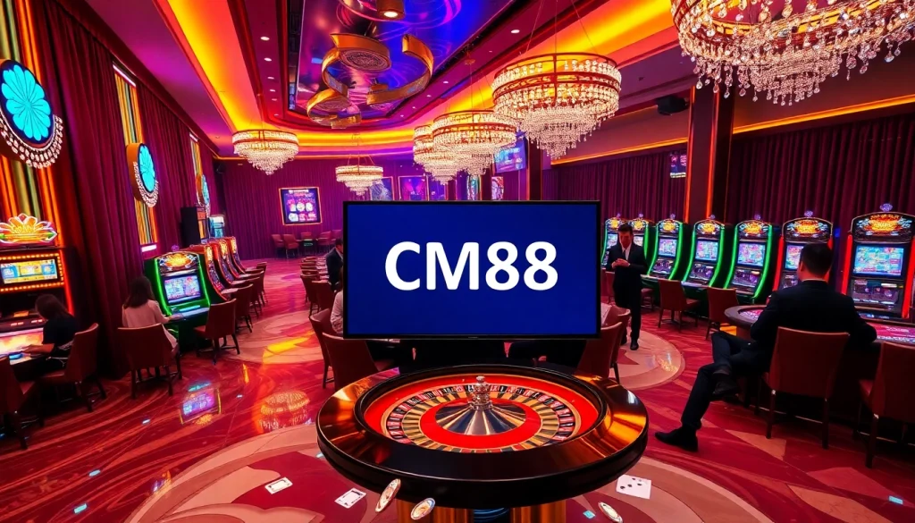 Engaged players at a luxury casino showcasing the CM88 digital betting interface amidst vibrant gaming excitement.