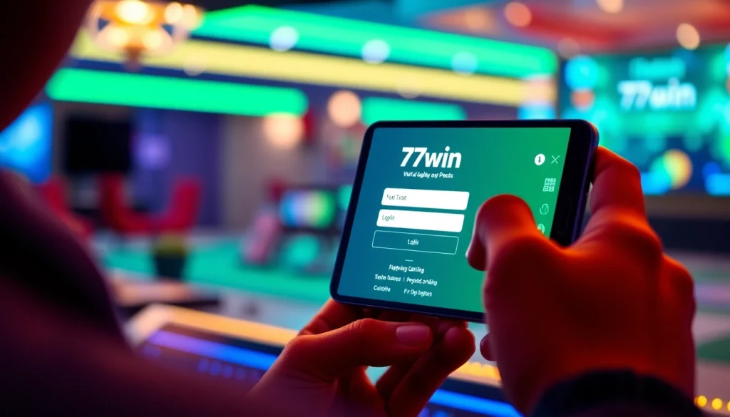 Engaging scene of a user accessing the 77win login page on a smartphone, set in a vibrant, modern digital environment.