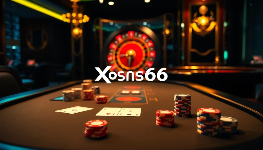 Xoso66 players enjoying an exciting game at a vibrant casino table filled with chips and cards.