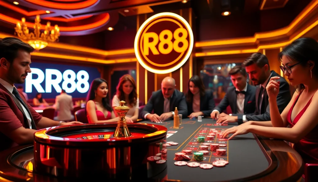 Experience high-stakes poker excitement at RR88, with vibrant chips and cards in a luxurious casino.