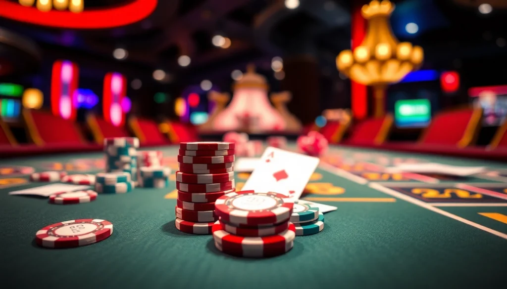 Spannendes Casinospiele mit bunten Chips und Karten auf einem Spieltisch.