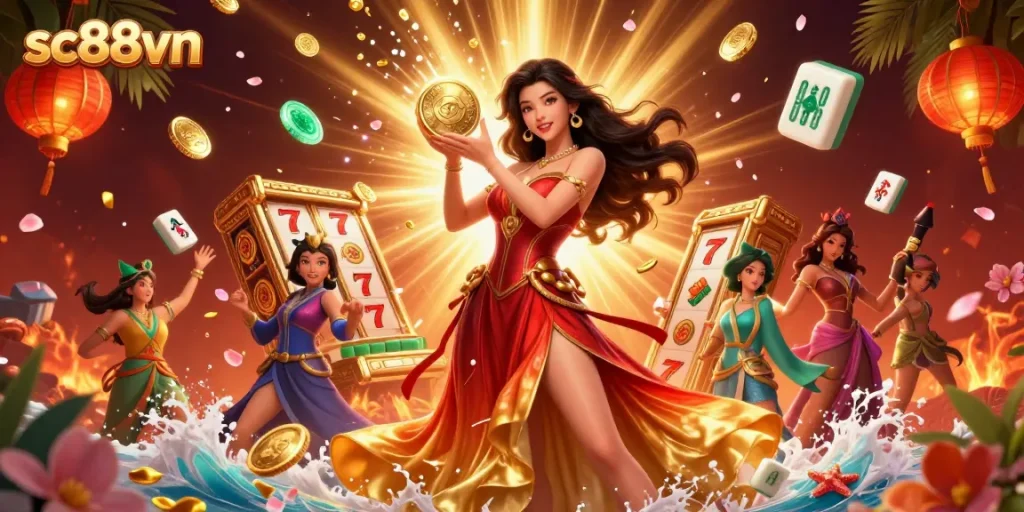 Experience thrilling casino games at sc88vn with a stunning Asian hostess and gold coin treasures.