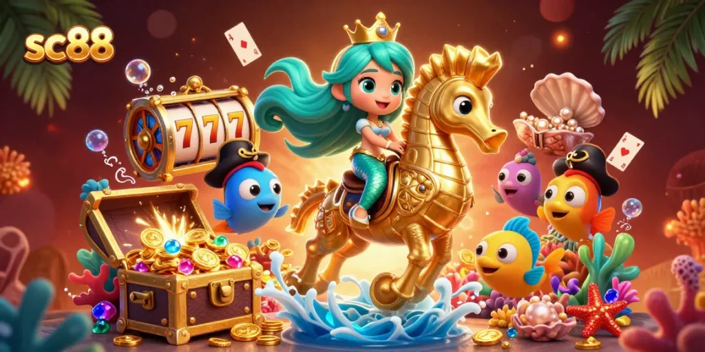 Experience vibrant gaming with sc88's captivating slot game scene featuring a mermaid and seahorse.