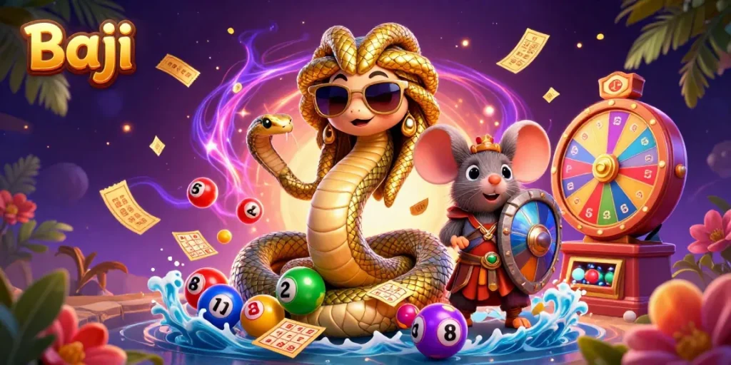 Baji players experience thrilling lottery games with a Medusa and warrior mouse in this vibrant illustration.