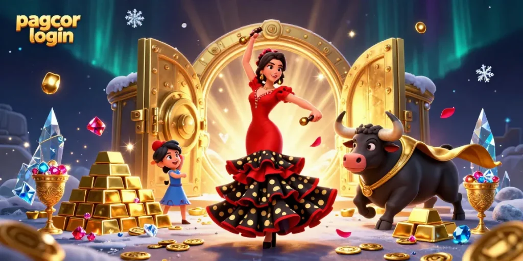 Engage in the vivid action of PAGCOR login as a stunning flamenco dancer meets a dynamic bull amid dazzling casino riches.
