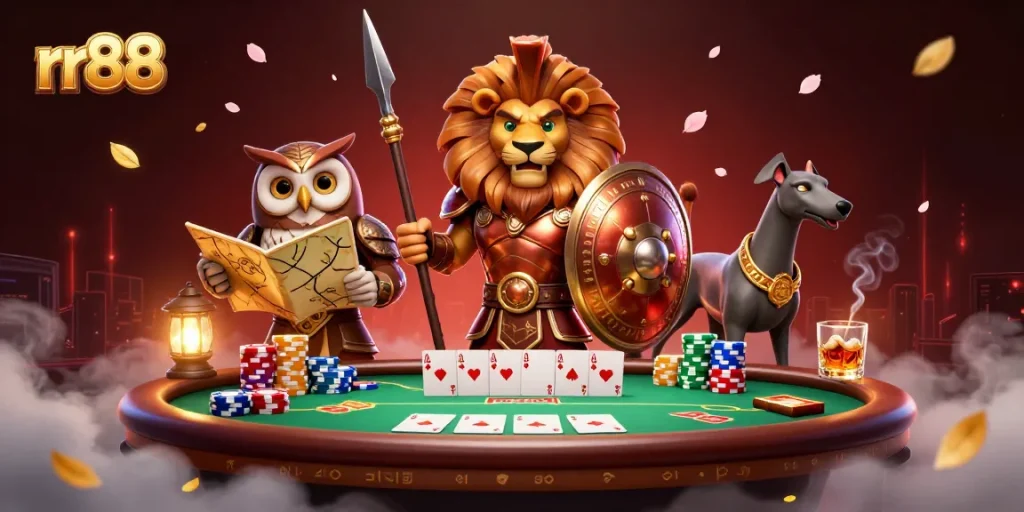 Engage in thrilling poker action at rr88 with a 3D lion warrior amidst glimmering chips and cards.