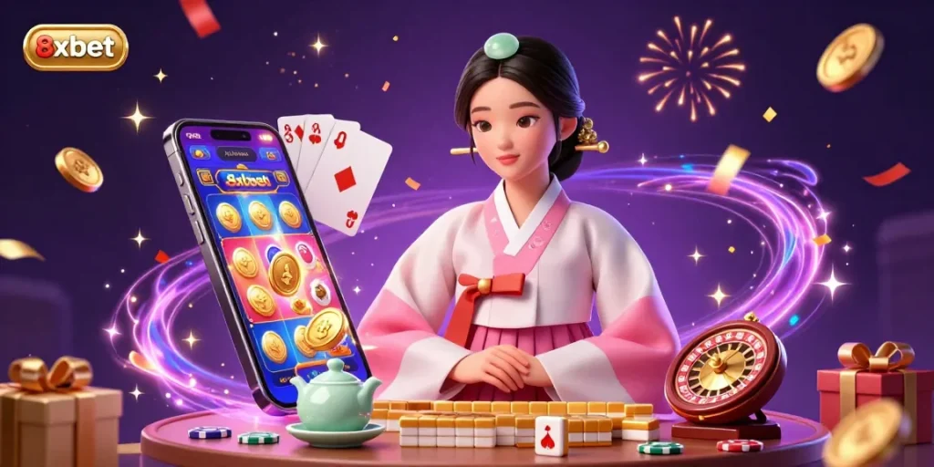 Engage with thrilling games at 8xbet featuring a serene Asian woman surrounded by casino elements.