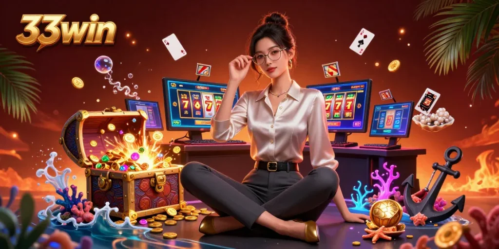 Experience thrilling gaming action with 33win at a vibrant, high-tech casino setup.