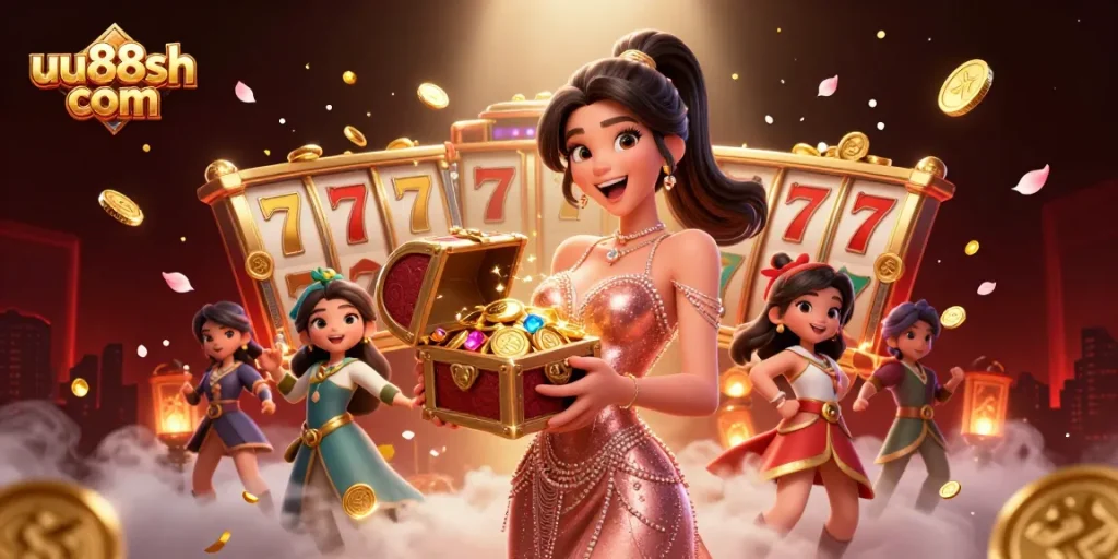 Spin and win at uu88sh com with our vibrant treasure scene showcasing jackpots and lucky charms for gamers