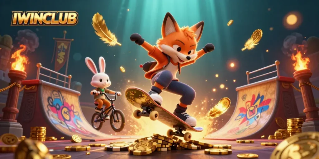 IWINCLUB showcases a vibrant 3D scene of dynamic casino action with engaging characters.