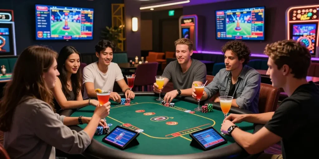 Dynamic gaming environment showcasing friends excitedly engaging in Đăng nhập Da88 online casino activities with vibrant decor and screens.