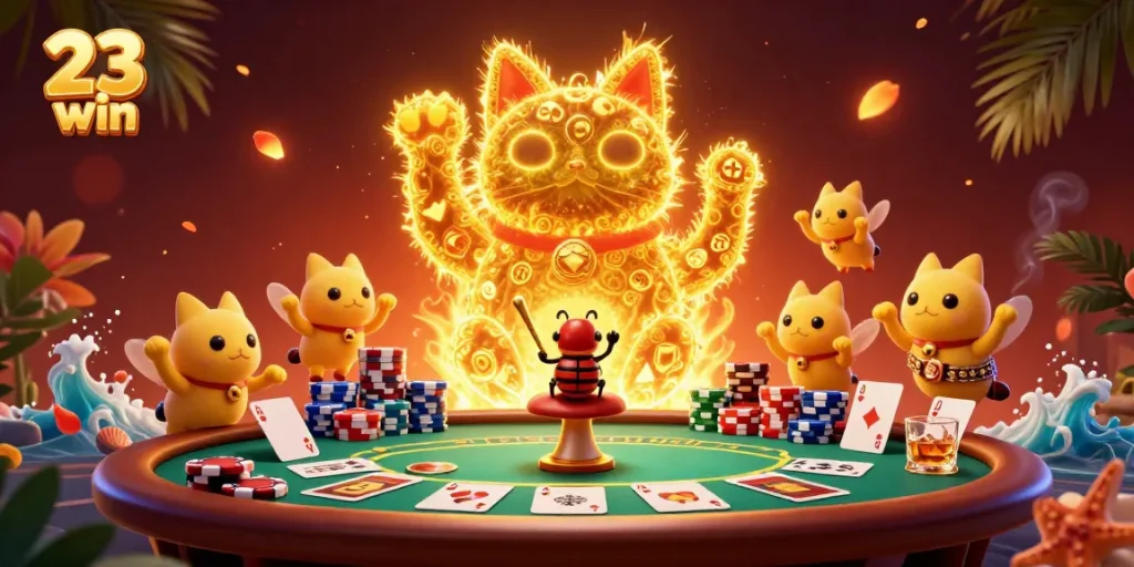 Experience the excitement of 23 win with a vivid casino-themed illustration showcasing gaming elements.