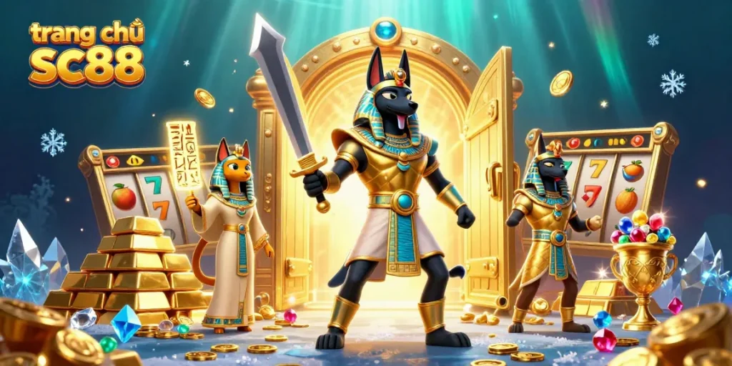 Experience the excitement of slot games at trang chủ sc88 with Anubis and Bastet surrounded by treasures.