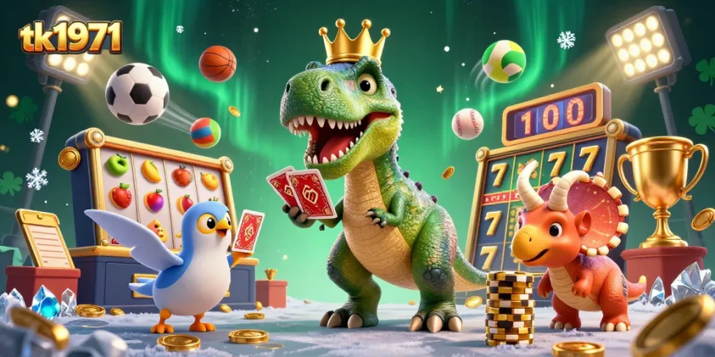 Witness exciting adventures at tk1971 with a 3D T-Rex playing cards and cartoon dinosaurs in a vibrant casino.