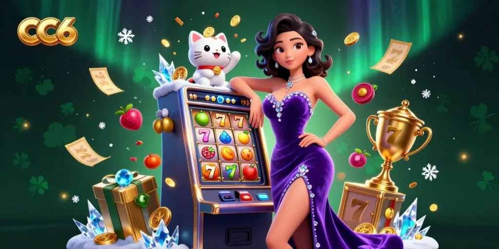 Experience thrilling gameplay with CC6's stunning woman and jackpot slot machine illustration, capturing the excitement of casino gaming.