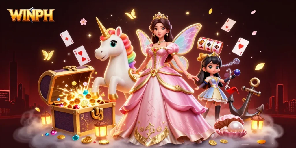 WINPH showcases a glamorous casino scene with an enchanting woman, golden unicorn, and dynamic game elements.