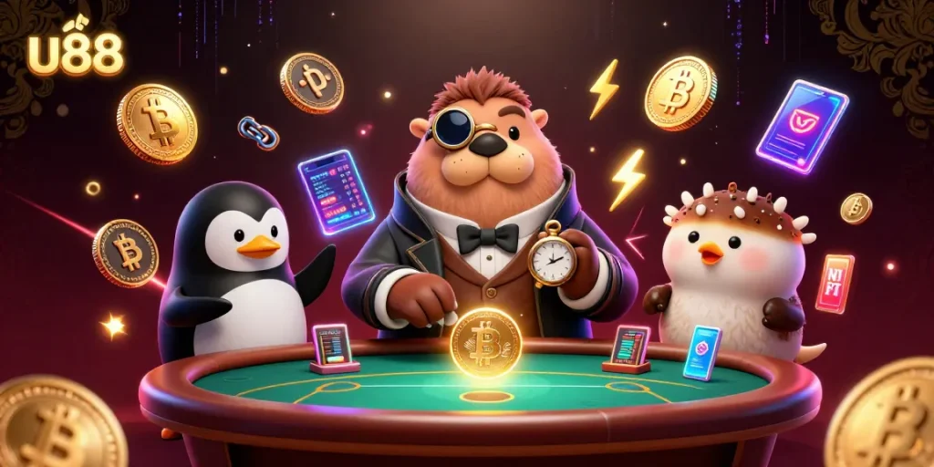 Engage in exciting gameplay at u88 with a whimsical poker scene featuring unique underwater characters.