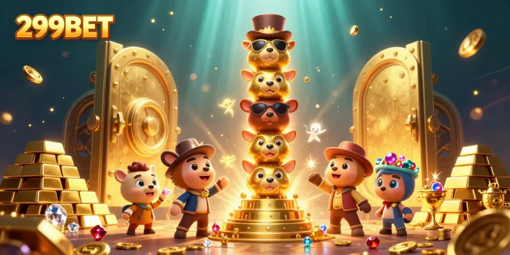 Experience excitement with 299BET as it showcases golden treasures and vibrant casino elements in a lively scene.