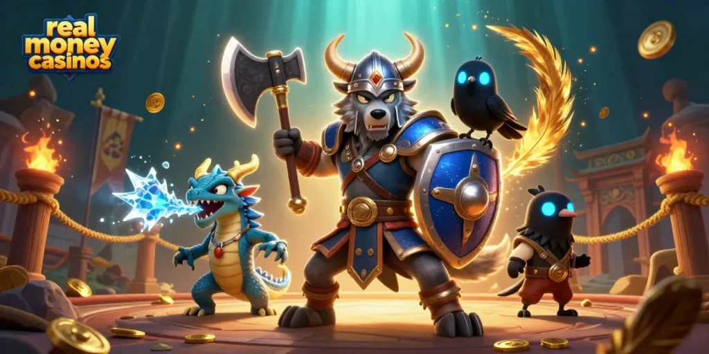 Experience the excitement of real money casinos with a Viking warrior, dragon, and raven.