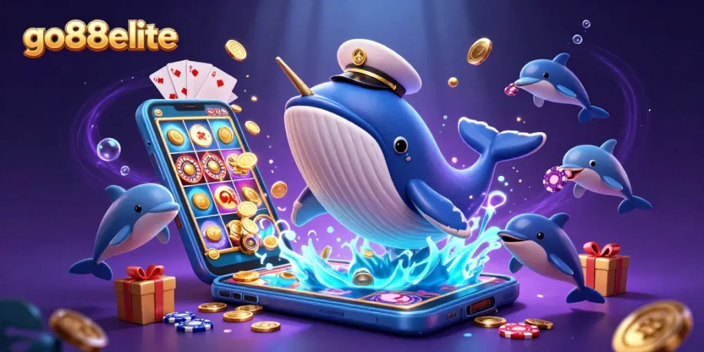 Engage in thrilling gameplay at go88elite with a vibrant 3D underwater scene featuring playful casino elements.