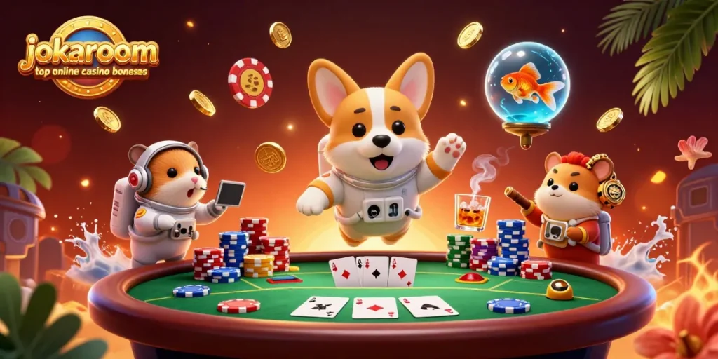Experience jokaroom top online casino bonuses with a vibrant 3D digital illustration of a floating casino scene.