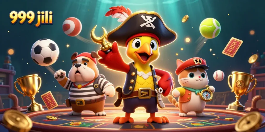 Experience exciting gameplay with 999 jili as dynamic casino characters engage amidst vibrant sports betting elements.