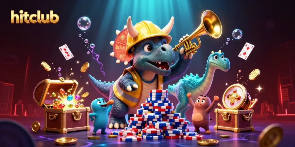 Hitclub's dynamic casino scene with vibrant characters celebrating around a pyramid of poker chips and exploding treasure.