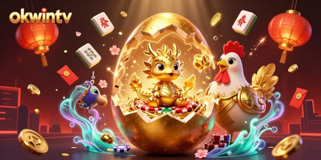 Experience the excitement of okwintv with a golden dragon on poker chips, surrounded by vibrant casino elements.