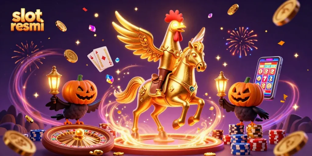 Experience the excitement of slot resmi with the golden rooster and dynamic casino elements in a rich 3D scene.