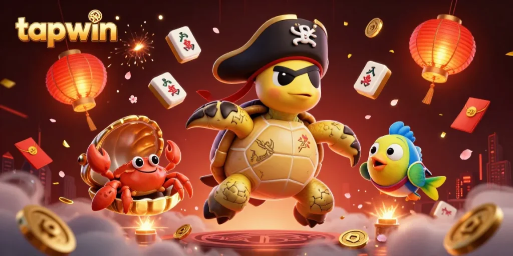 Experience the thrill of tapwin with a pirate turtle and friends amidst a festive casino environment.