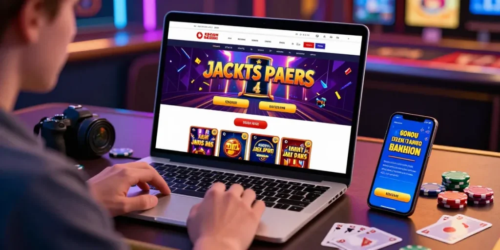 Exciting desktop scene depicting a credit card casino with a player exploring games and bonuses on a laptop, bright colors and vibrant atmosphere.