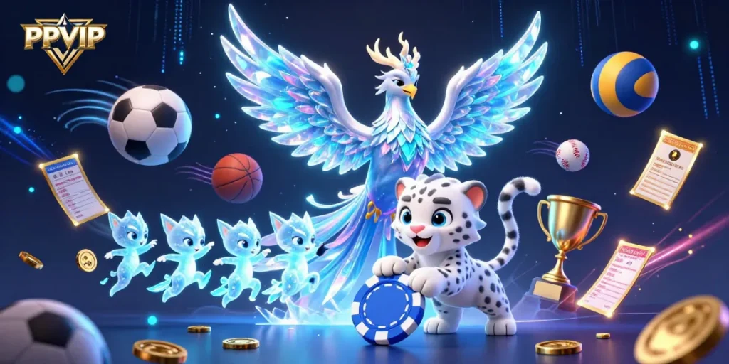 Win big with PPVIP in this vibrant casino scene featuring dynamic glowing 3D illustrations.
