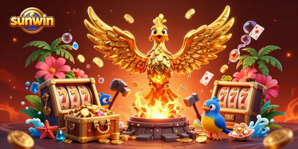 Experience thrilling casino games with sunwin’s golden phoenix adorned with treasures in an exciting 3D scene.