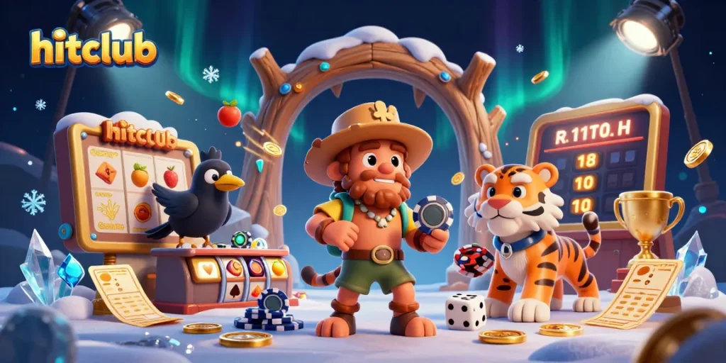 Experience thrilling slot action at hitclub with animated reels and jackpots in an engaging casino scene.
