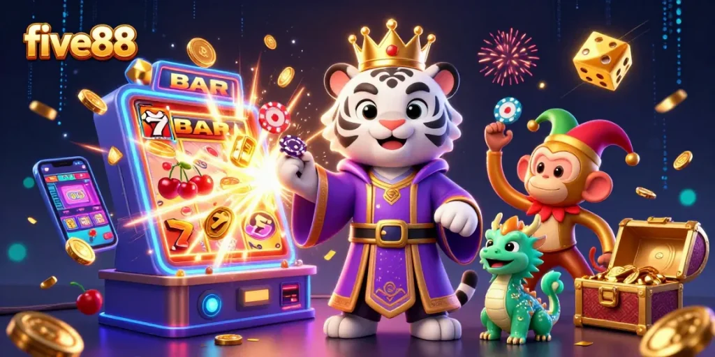 Win big at five88 with a vibrant casino scene featuring playful characters and exciting games.