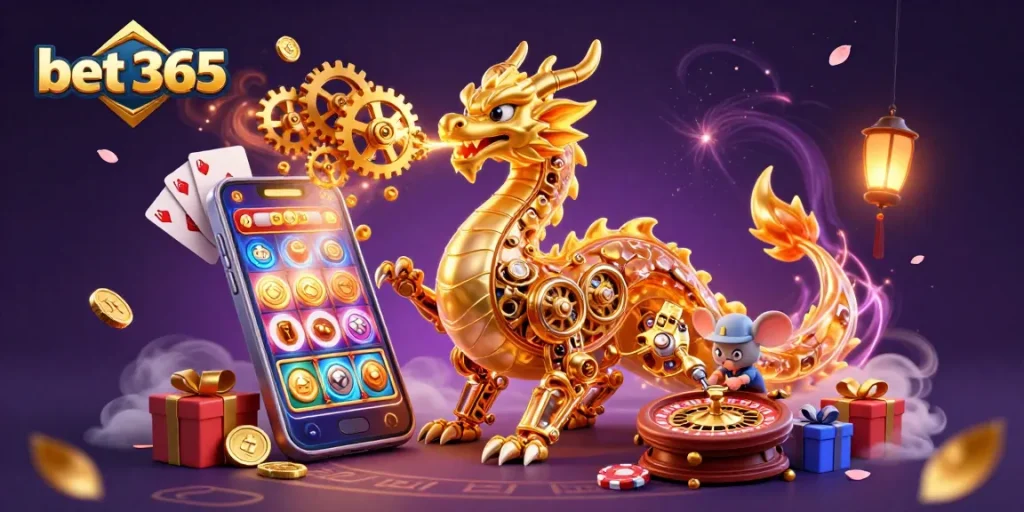 Bet 365 showcases excitement with a golden dragon and a mouse engineer in a vibrant casino illustration.
