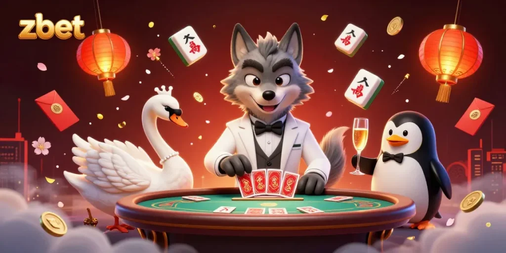 Experience the thrill with zbet at a baccarat table featuring lively characters and festive elements.