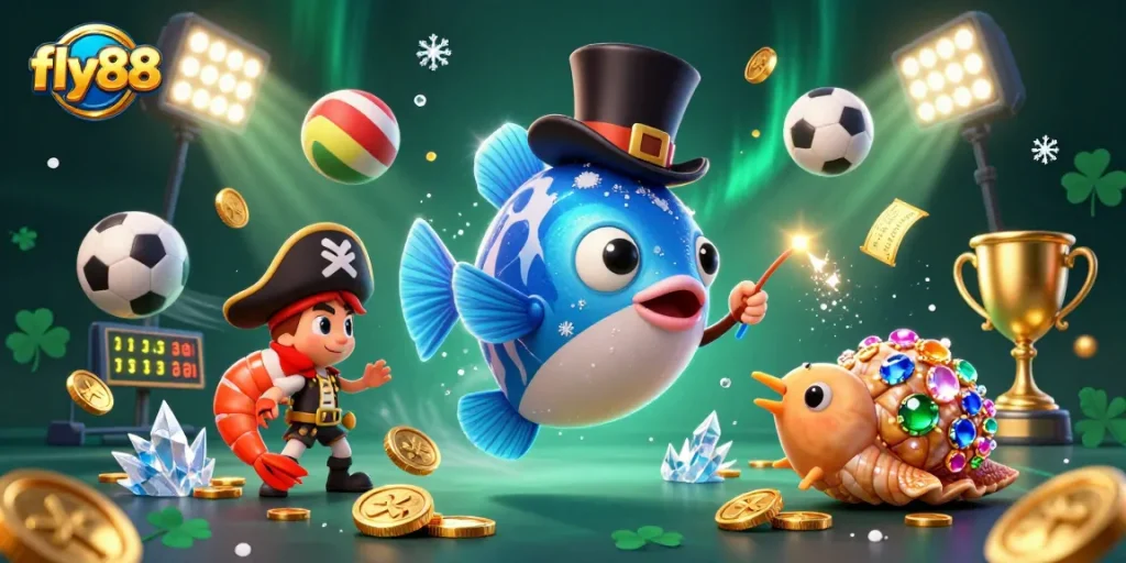 Fly88 attracts golden coins with a deep-sea anglerfish, shrimp, and gemstone snail in a vibrant casino scene.