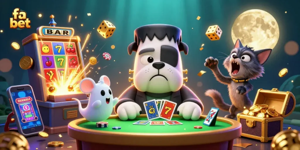 Engage with fa bet at a lively casino with cartoon characters and vibrant gaming elements.