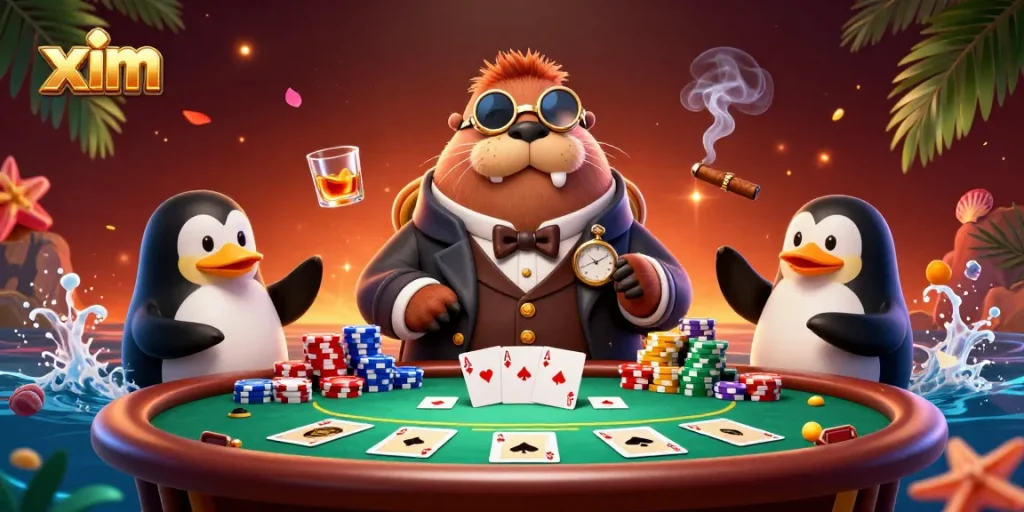 Experience thrilling poker action with xim featuring a walrus, penguin dealer, and a bluffing pufferfish.