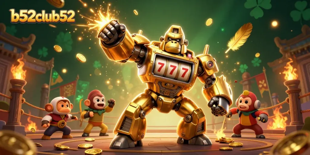 Engage with b52club52 through a dynamic scene featuring a golden gorilla mech smashing coins in a vibrant casino.